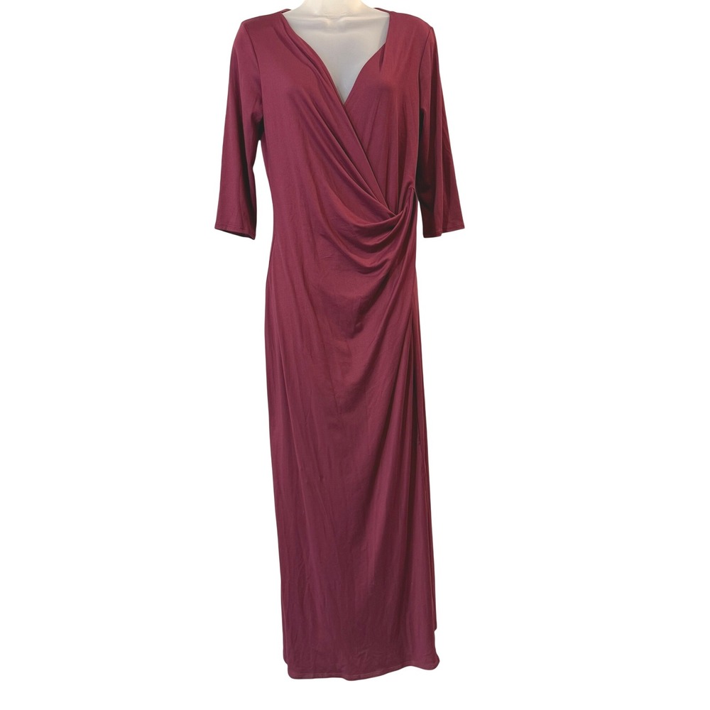 NEW 24seven Comfort Apparel Womens S Burgundy‎ Wrap V-Neck 3/4 Sleeve Maxi Dress